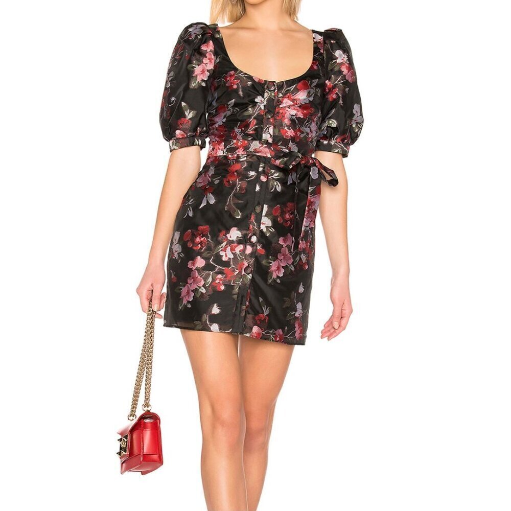 LPA -Revolve Zeta floral mini dress  with puffed sleeve and self belt